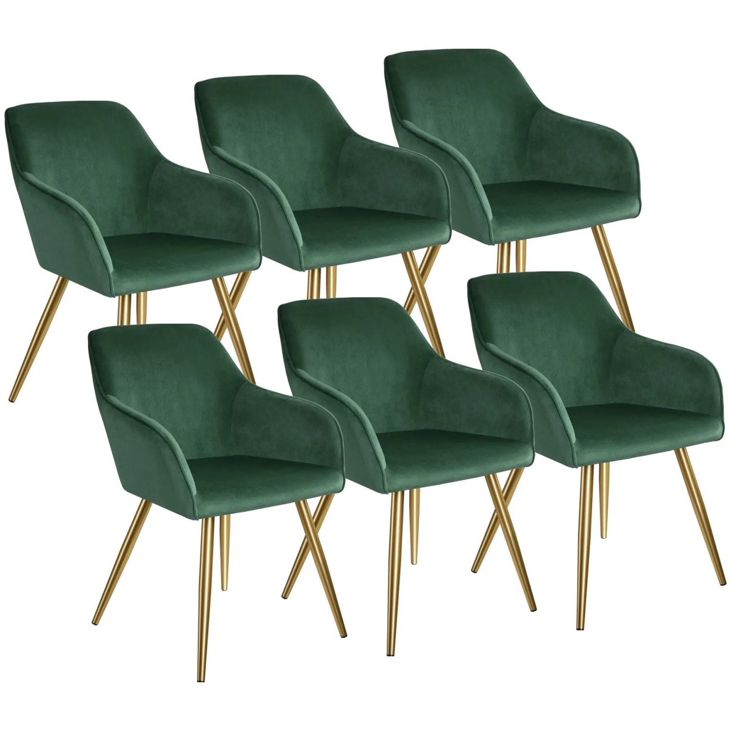 Tectake Esszimmerstuhl Marilyn Gepolstert  In Samtoptik Durchgehende Lehne 6Er Set 62 x 58 x 82 cm Dunkelgrün Gold