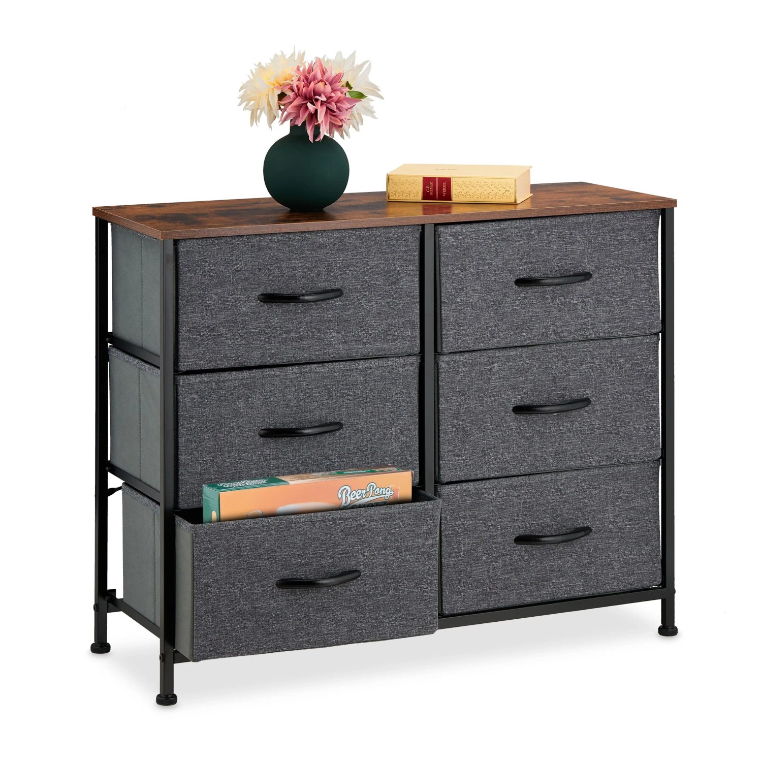 Relaxdays Kommode mit 6 Schubladen Stahl MDF Polyester Dunkelgrau Dunkelbraun Schwarz Höhenverstellbar 63 x 80 x 30 cm 8,4 kg