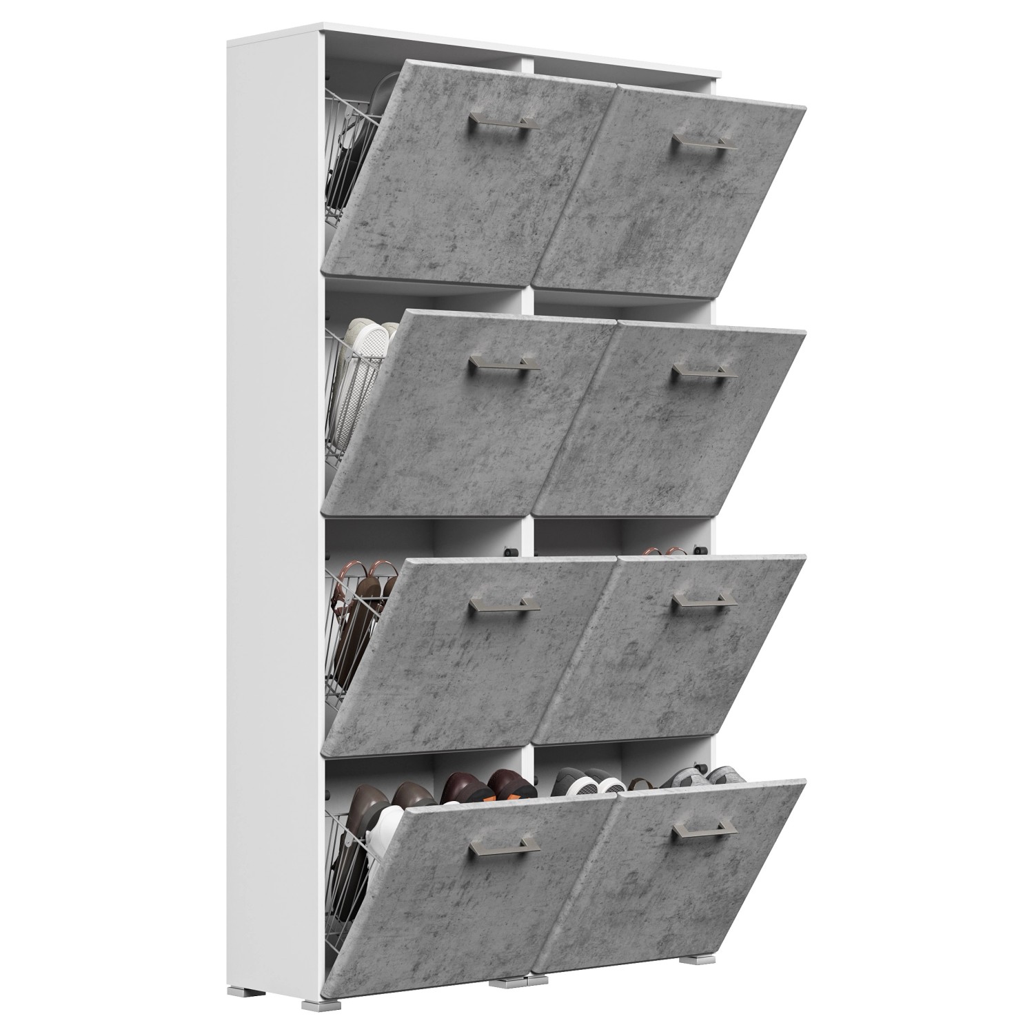 Posseik Schuhschrank Elite mit 8 Klappen in Weiß-Beton Optik für ca. 32 Paar Schuhe.