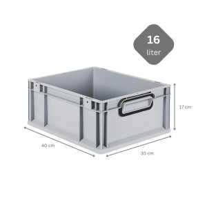 Graue PROREGAL Eurobox Nextgen Color, 16 Liter, mit Scharnierdeckel und schwarzen Griffen. Aufbewahrungsbox.