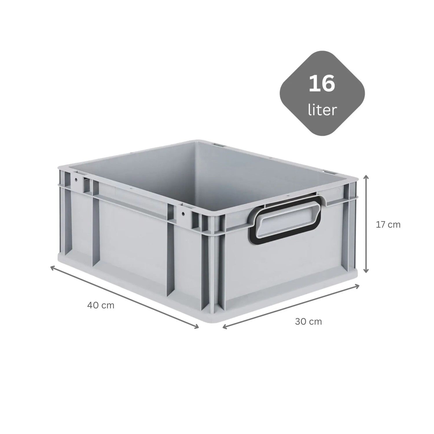 Graue PROREGAL Eurobox Nextgen Color, 16 Liter, mit Scharnierdeckel und schwarzen Griffen. Aufbewahrungsbox.