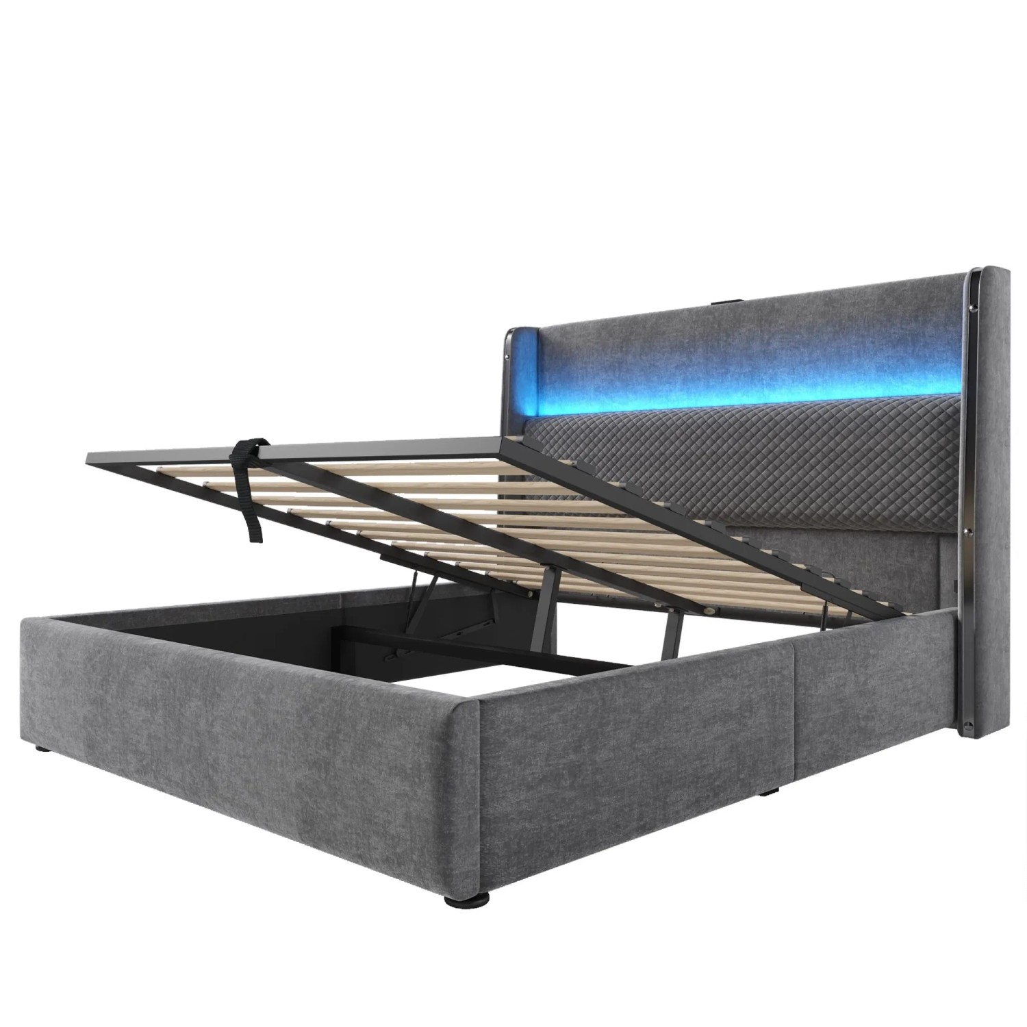 okwish Hydraulisches Bett 160x200cm mit USB C Anschlüssen Kinderzimmer Grau mit Matratze