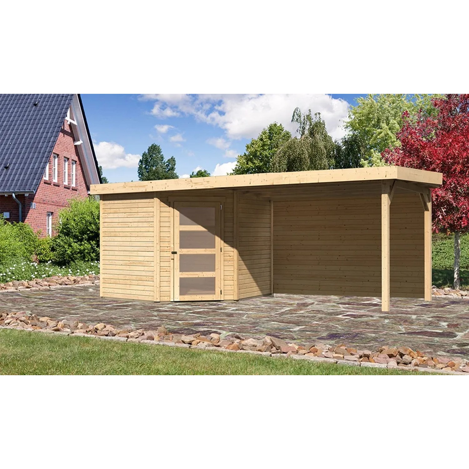 Karibu Holz-Gartenhaus Linköbing mit Flachdach und Anbau, unbehandelt.