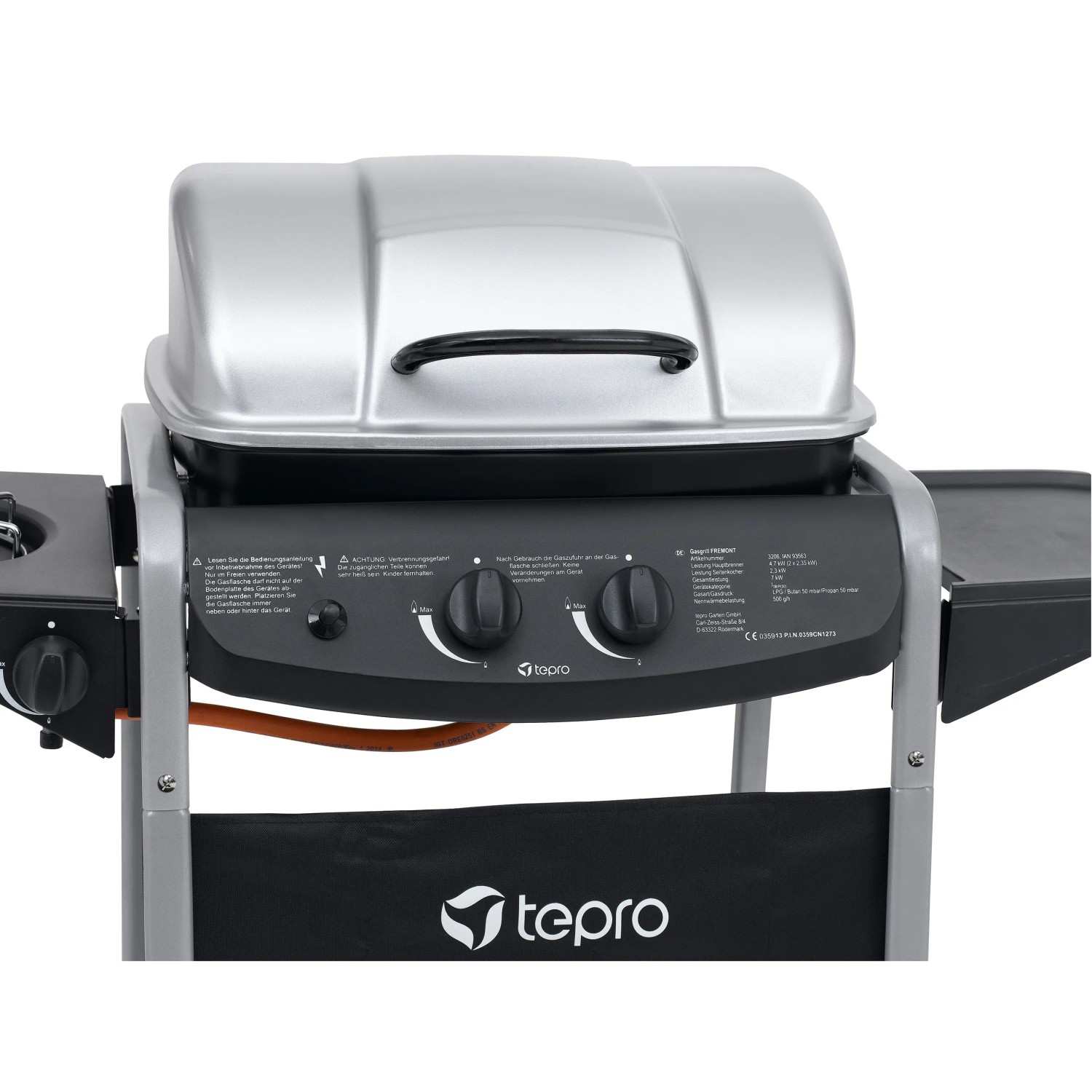 Tepro Gasgrill Fremont, kompakter Grillwagen in Schwarz/Silber mit Seitenkochfeld und zwei Rädern.