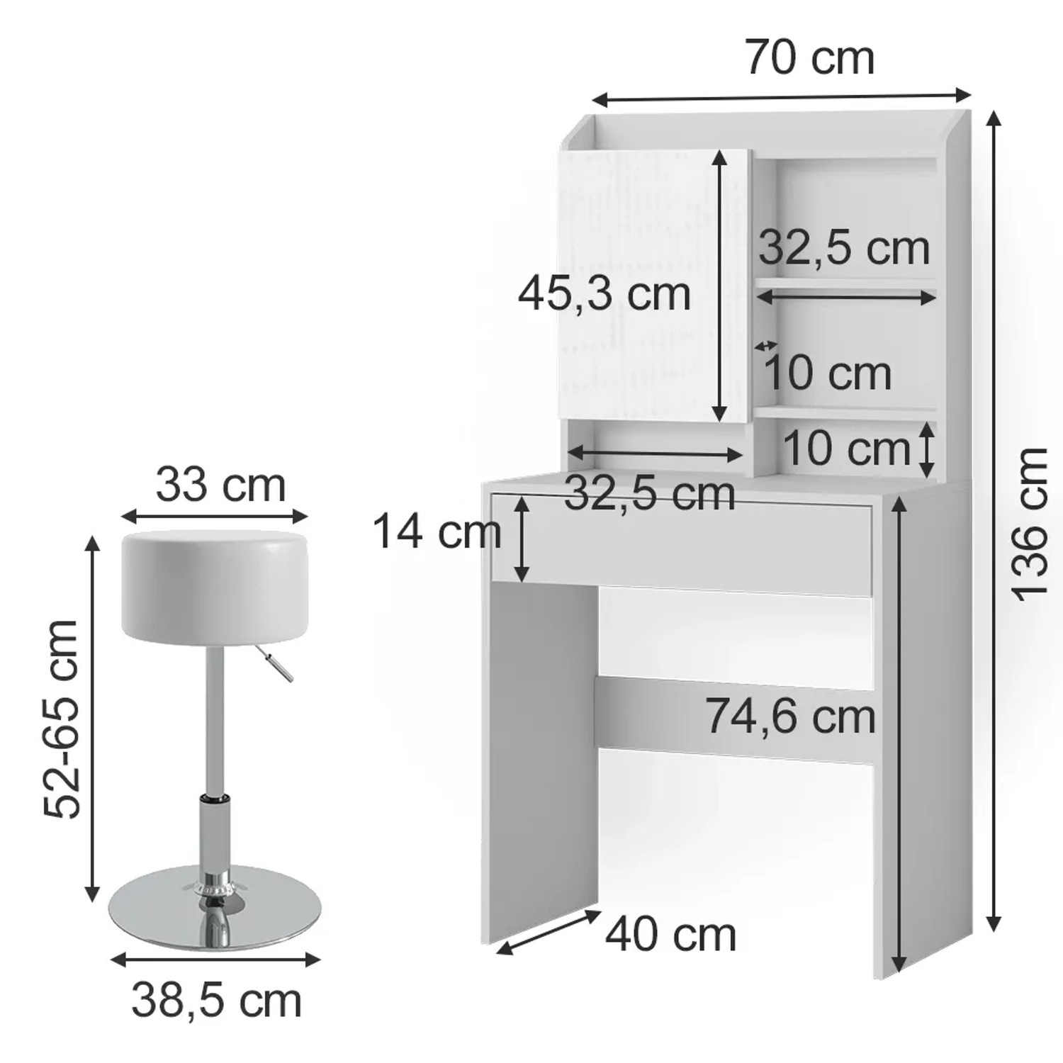 Weißer Vicco Schminktisch Laura (70 cm) mit Hocker, Spiegel und Fächern. Ideal für stilvolles Schminken.