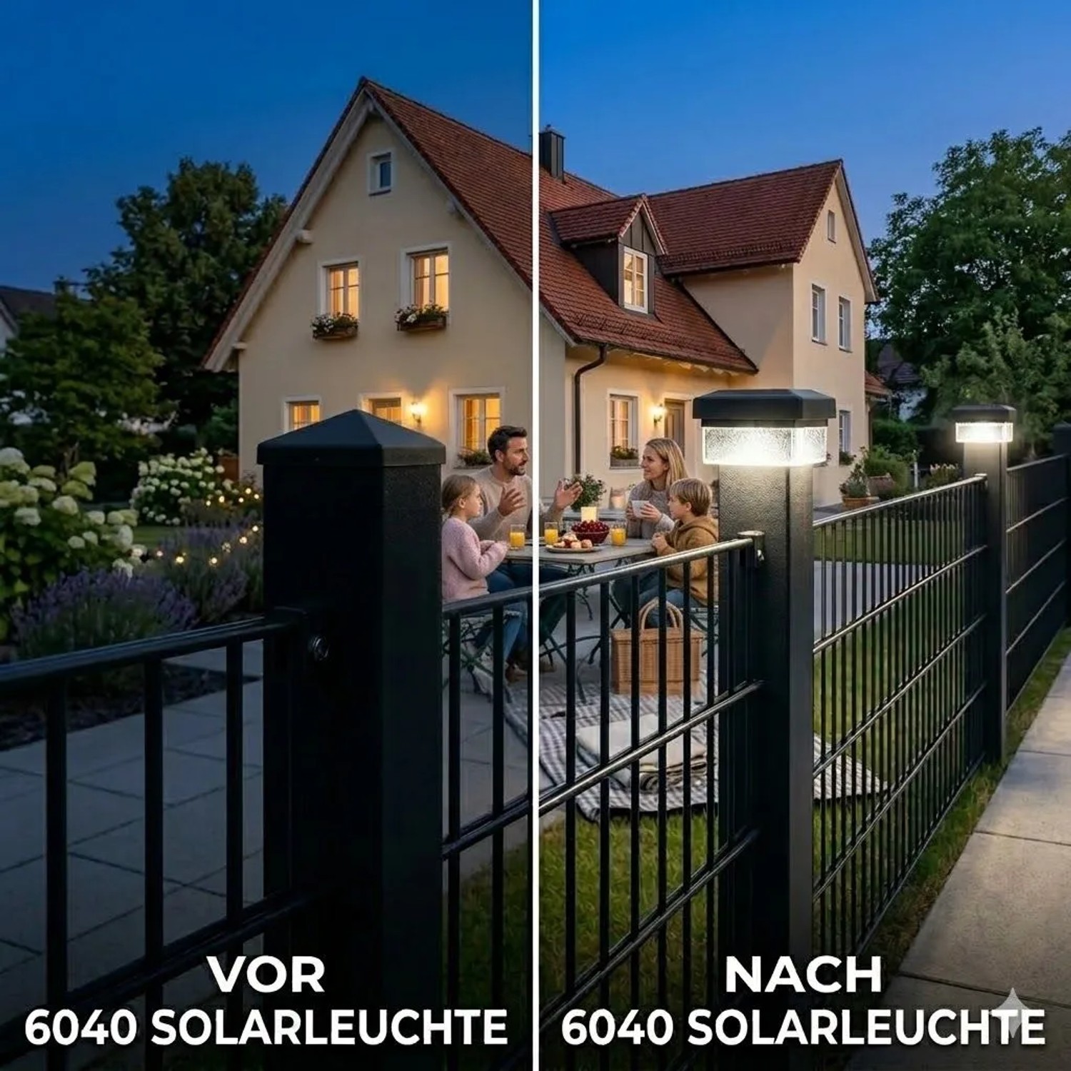 Vorher/Nachher: 6040 Solar Zaunleuchte LED am Zaunpfosten, von dunkel zu stimmungsvoll beleuchtet.