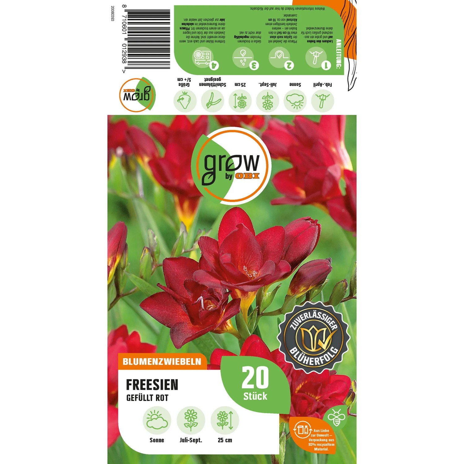 Verpackung rote, gefüllte Freesien Blumenzwiebeln von GROW by OBI, Blütezeit Juli bis September.