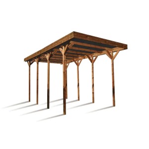 Braun imprägnierter Alpholz Carport für Camping-Cars, 404x802x394 cm.
