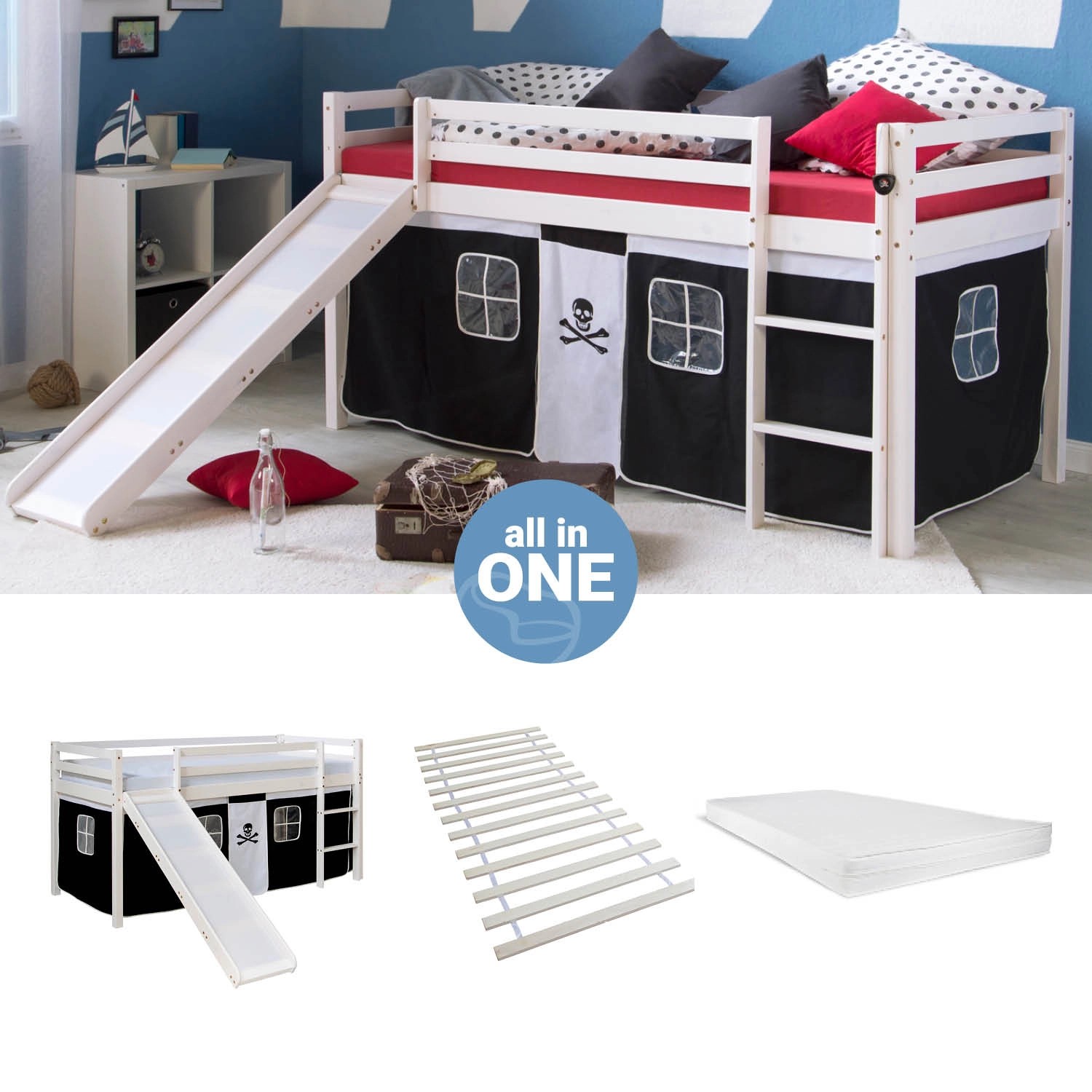 Homestyle4u Hochbett 90x200 mit Vorhang Lattenrost Matratze Rutsche in Weiß Pirat 2546