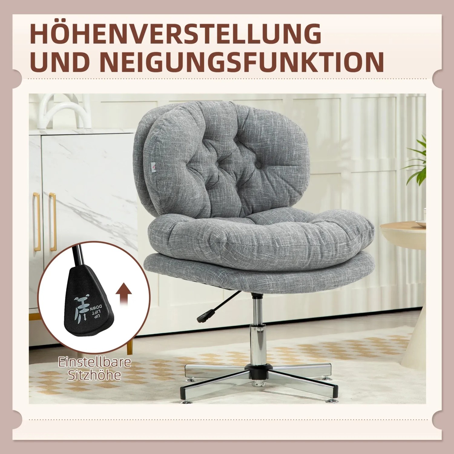 Grauer HOMCOM Bürostuhl mit Knopfheftung, höhenverstellbar und drehbar.