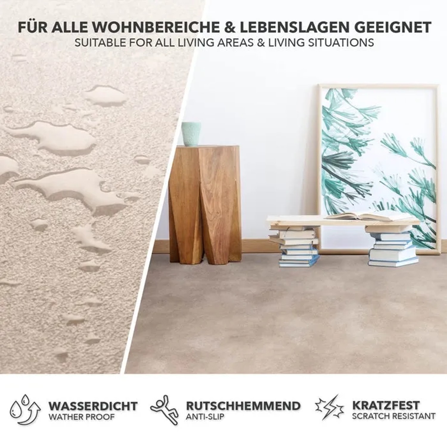Karat CV Bodenbelag Atlantic Midas, Steinoptik beige, wasserfest und rutschhemmend im Wohnraum.