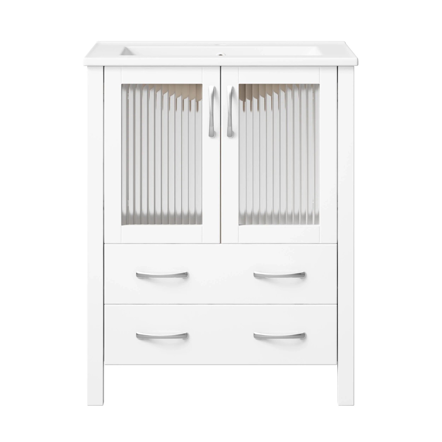 Merax Waschbeckenunterschrank 61cm Hochglanz Weiß Riffelglas