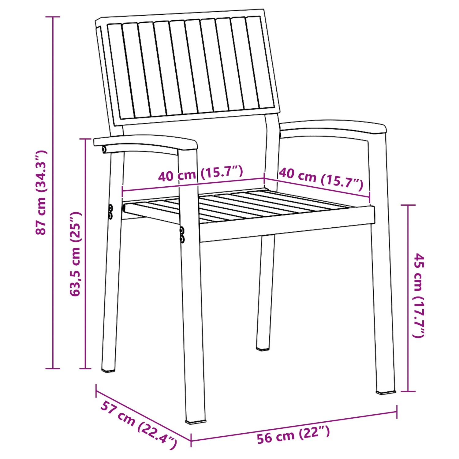 Skizze eines Gartenstuhls aus Akazienholz/Metall mit Maßangaben für das vidaXL 7-teilige Esszimmer-Set.