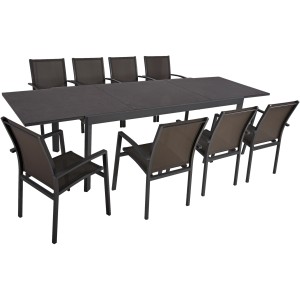 9-teilige Tischgruppe Nerea: Ausziehtisch mit graphitfarbener Keramikplatte und acht dunkelgraue Stühle.