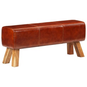Braune Sitzbank im Turnbock-Design. Echtleder und Mangoholz, 110 cm breit. Möbel für Wohnraum.
