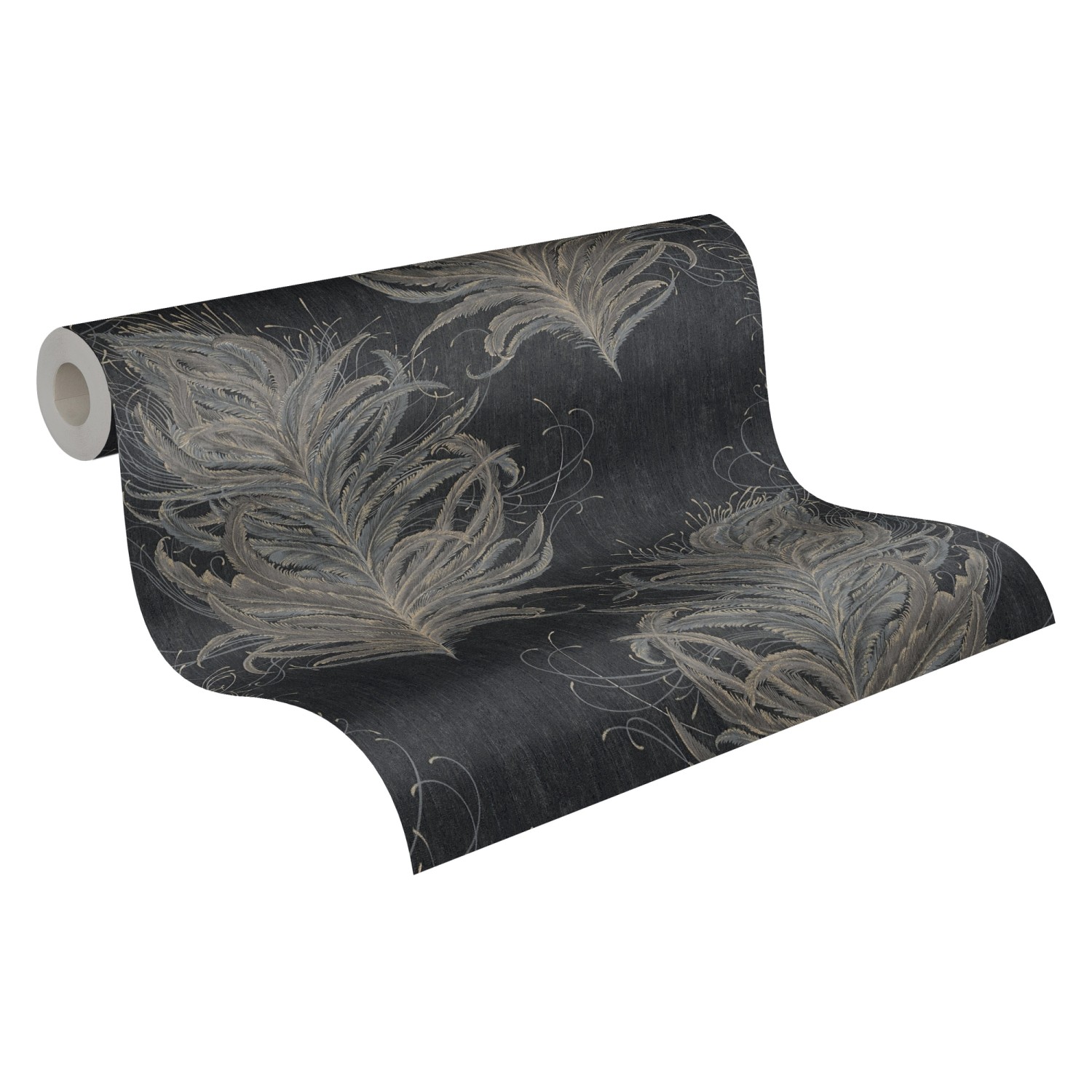 Vliestapete mit Federn in Schwarz und Gold. Dekorative Tapete mit elegantem Muster.