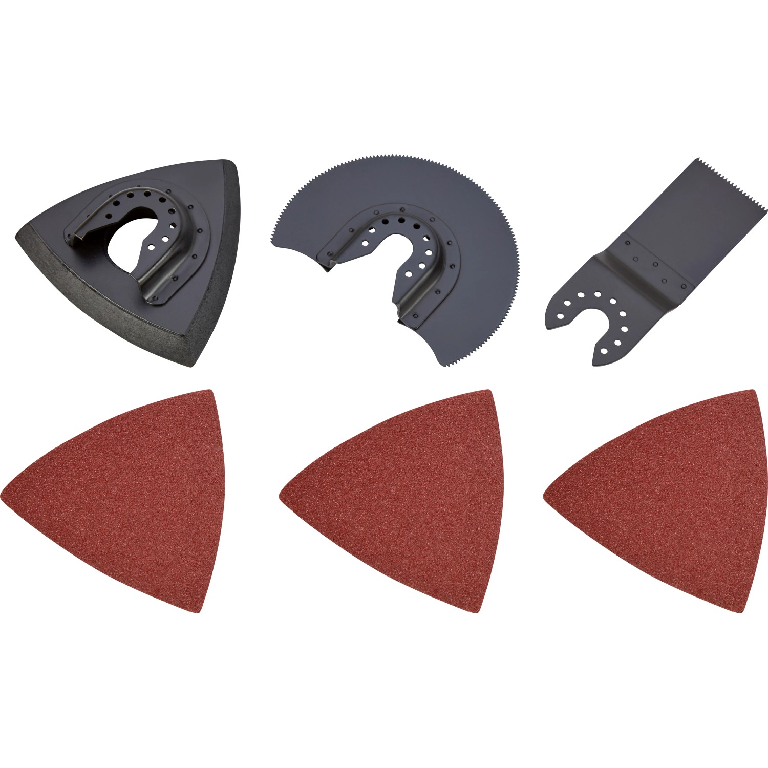 LUX Multitool E-MFW-23 Zubehör, 7-teilig: Sägeblätter, Schleifplatte und Schleifpapier für Multifunktionswerkzeug.