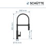 Schütte Miami Spültischarmatur, schwarz-matt, mit Maßangaben für Höhe, Breite und Ausladung.