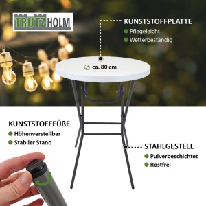 Klappbarer TRUTZHOLM Stehtisch mit weißer Husse, Ø 80cm, ideal für Partys und Events.