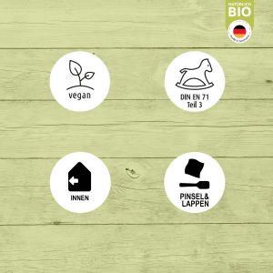 Piktogramme für Ultra Nature BIO Hartwachsöl: Vegan, DIN EN 71, Innen, Pinsel/Lappen.
