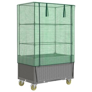 Hochbeet mit Aufsatz und Rollen in Rattan-Optik, hellgrau und grün, mit Gewächshaus.