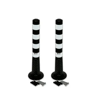 Zwei schwarze UvV Absperrpfosten Ecoline, 75cm hoch, mit weißen Reflexstreifen und Befestigungsmaterial.