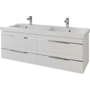Pelipal Quantum 05 Waschbeckenunterschrank, 144 cm, Weiß Hochglanz mit zwei Waschbecken und Schubladen.