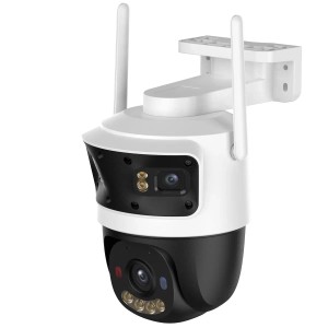Weiße und schwarze IMOU Cruiser Triple PTZ WLAN Überwachungskamera mit drei Objektiven, Antennen und Halterung für Außenbereich.