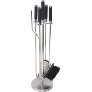 5-teiliges Kaminbesteck aus Edelstahl mit schwarzem Griff. Enthält Halterung, Schaufel, Besen, Zange, Feuerhaken für Kamine & Öfen.