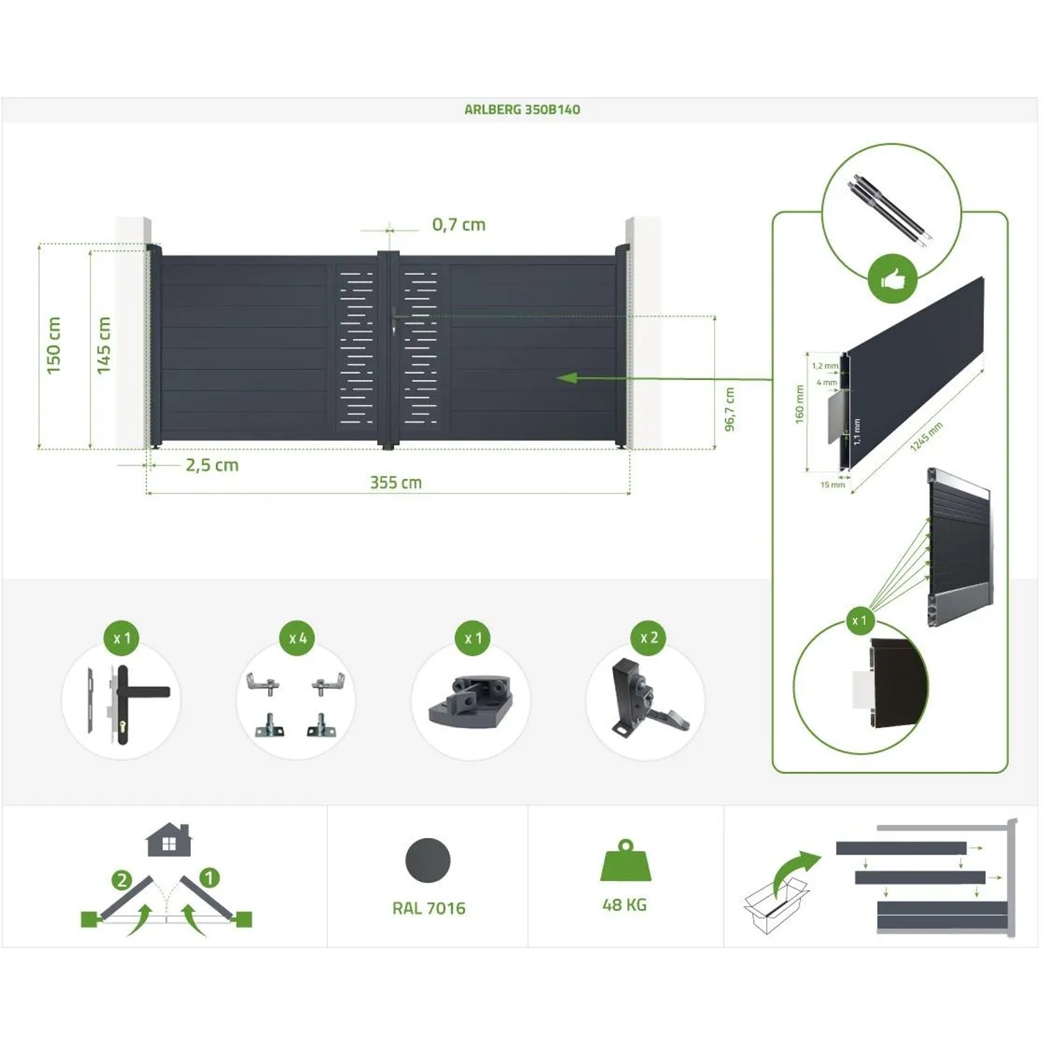 Casanoov Flügeltor Arlberg 3,5m, H 140cm mit Drehtorantrieb Tanker B250, Maße und Zubehör im Überblick.
