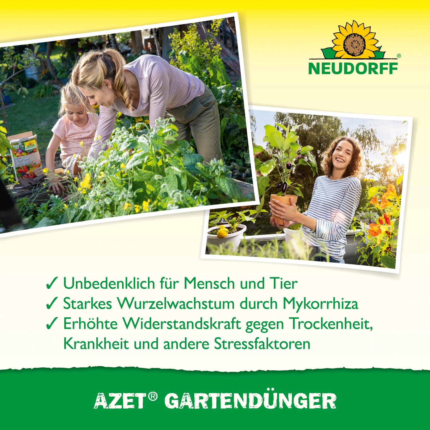 Neudorff Azet Gartendünger 10kg: Mutter und Tochter pflegen Pflanzen im Garten.