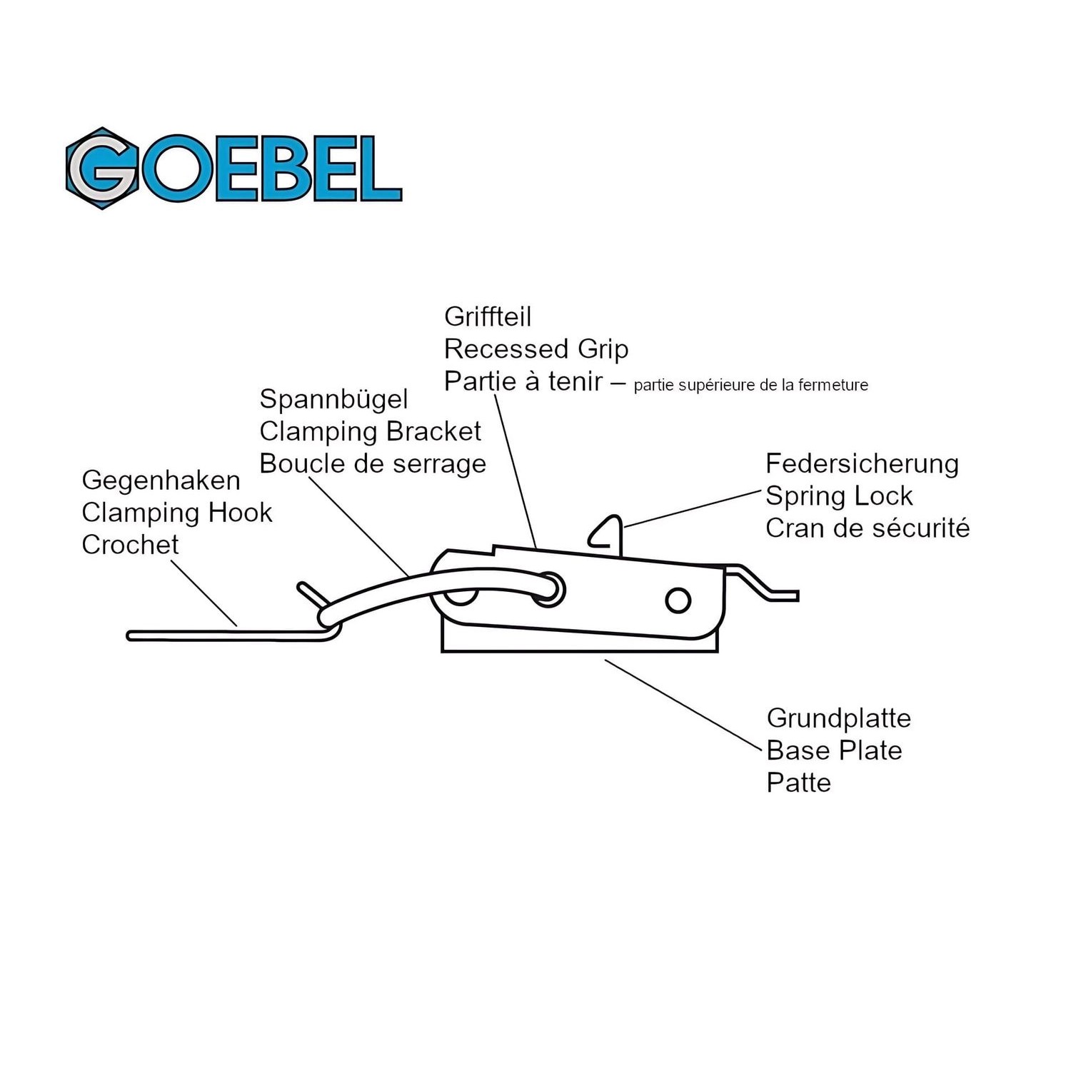Zeichnung eines verzinkten Goebel Spannverschlusses 802 mit Gegenhaken, selbstschließend, für Kisten und Koffer.
