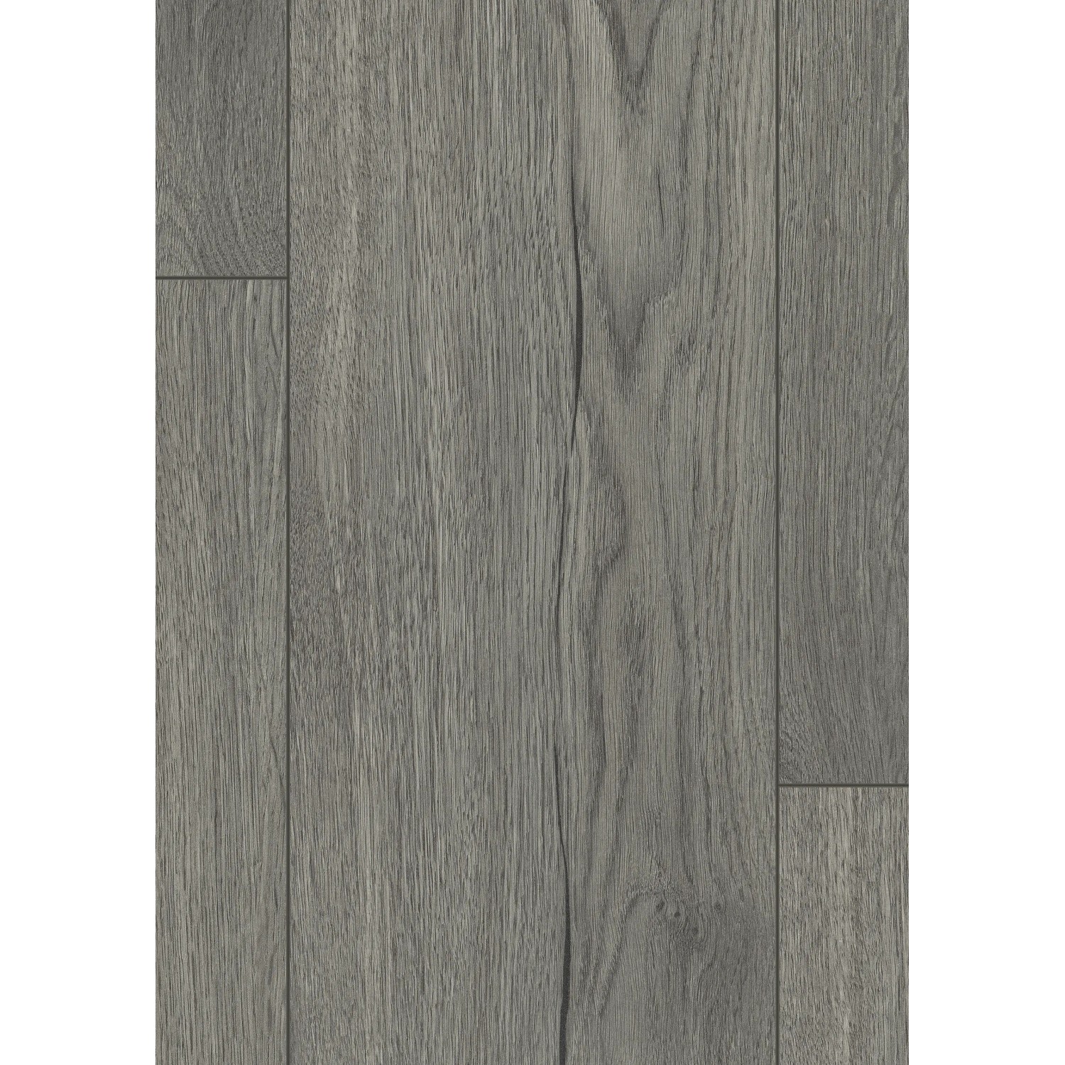 Wasserfestes, graues Egger NatureSense Aqua Laminat, 10 mm stark, mit Holzstruktur.
