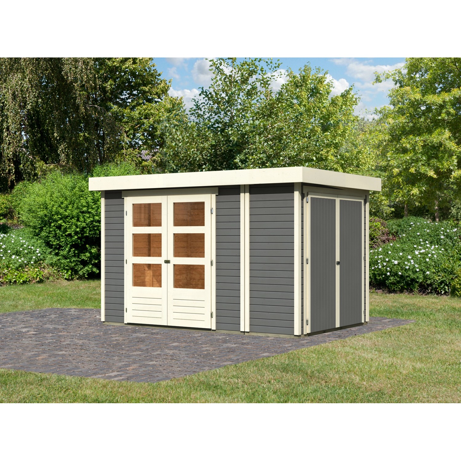 Karibu Gartenhaus Set Retola 3 Terragrau mit Anbauschrank 6,71 m²