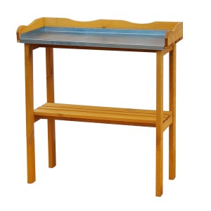 Pflanztisch aus Kiefernholz mit verzinkter Arbeitsfläche und Ablage für Gewächshaus oder Terrasse.