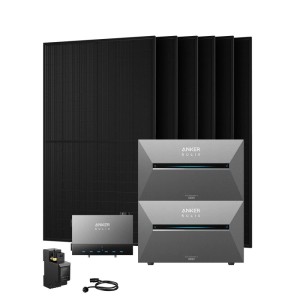 Anker SOLIX Balkonkraftwerk mit 6 schwarzen Solarmodulen, 2 Solarbank 3 Speichern, Power Dock und Smart Meter.
