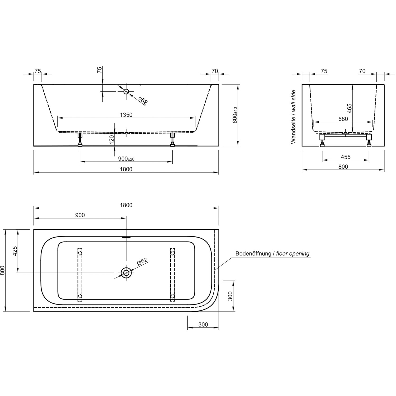 Technische Zeichnung: Ottofond Whirlpool Spirit 180x80 cm, Maße und Details für Installation.