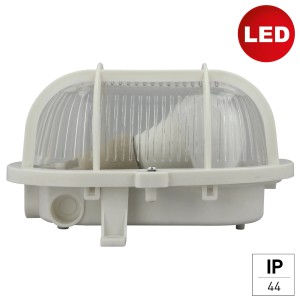 Weiße e2 elektro LED-Ovalleuchte mit Kunststoffkorb, 18,5x12,5x11cm, für Keller und Außenbereich.