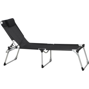 Schwarze Siena Garden Dreibeinliege Sole, 214 cm lang, mit verstellbarer Rückenlehne und Kopfkissen.