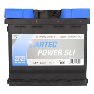 Cartec Starterbatterie Power SLI 52AH, 12V Autobatterie mit blauen Kappen.