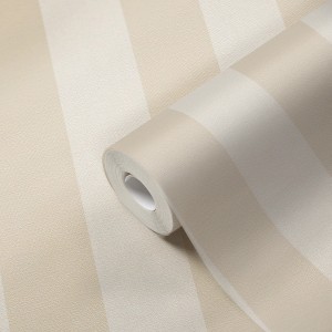 Beige Vliestapete mit Streifenmuster, PVC- und phthalatfrei, Rolle angeschnitten.