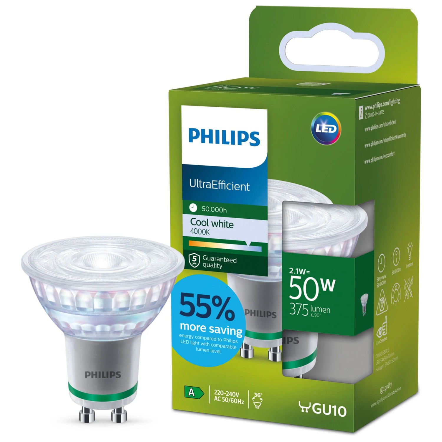 Philips LED-Leuchtmittel ultraeffizient GU10 Reflektor 2,1 W 375lm Kaltweiß