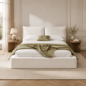 Beiges Merax Polsterbett 180x200 cm mit hohem, gepolstertem Chenille-Kopfteil und Lattenrost. Komfortables Bett.