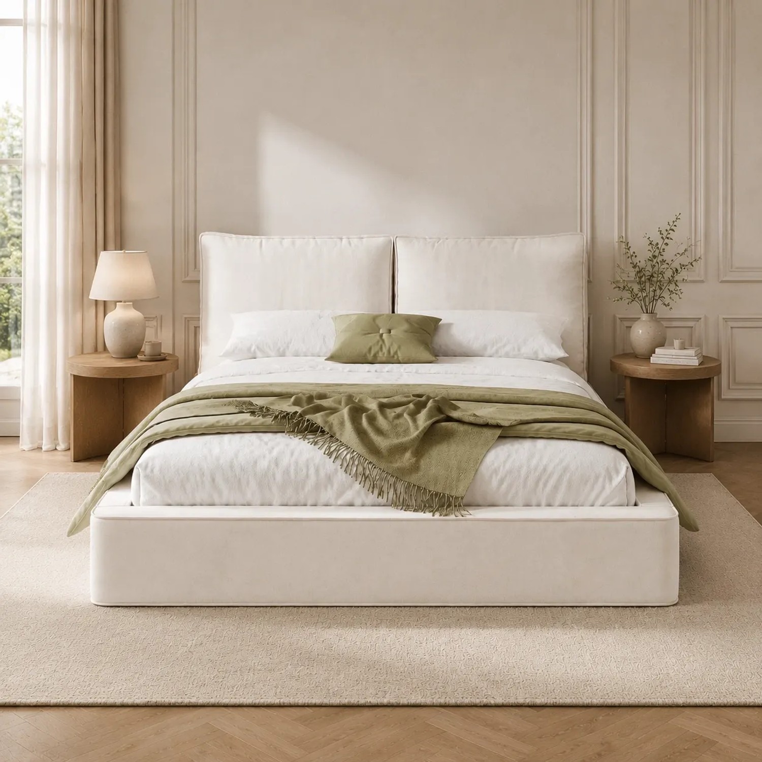 Beiges Merax Polsterbett 180x200 cm mit hohem, gepolstertem Chenille-Kopfteil und Lattenrost. Komfortables Bett.