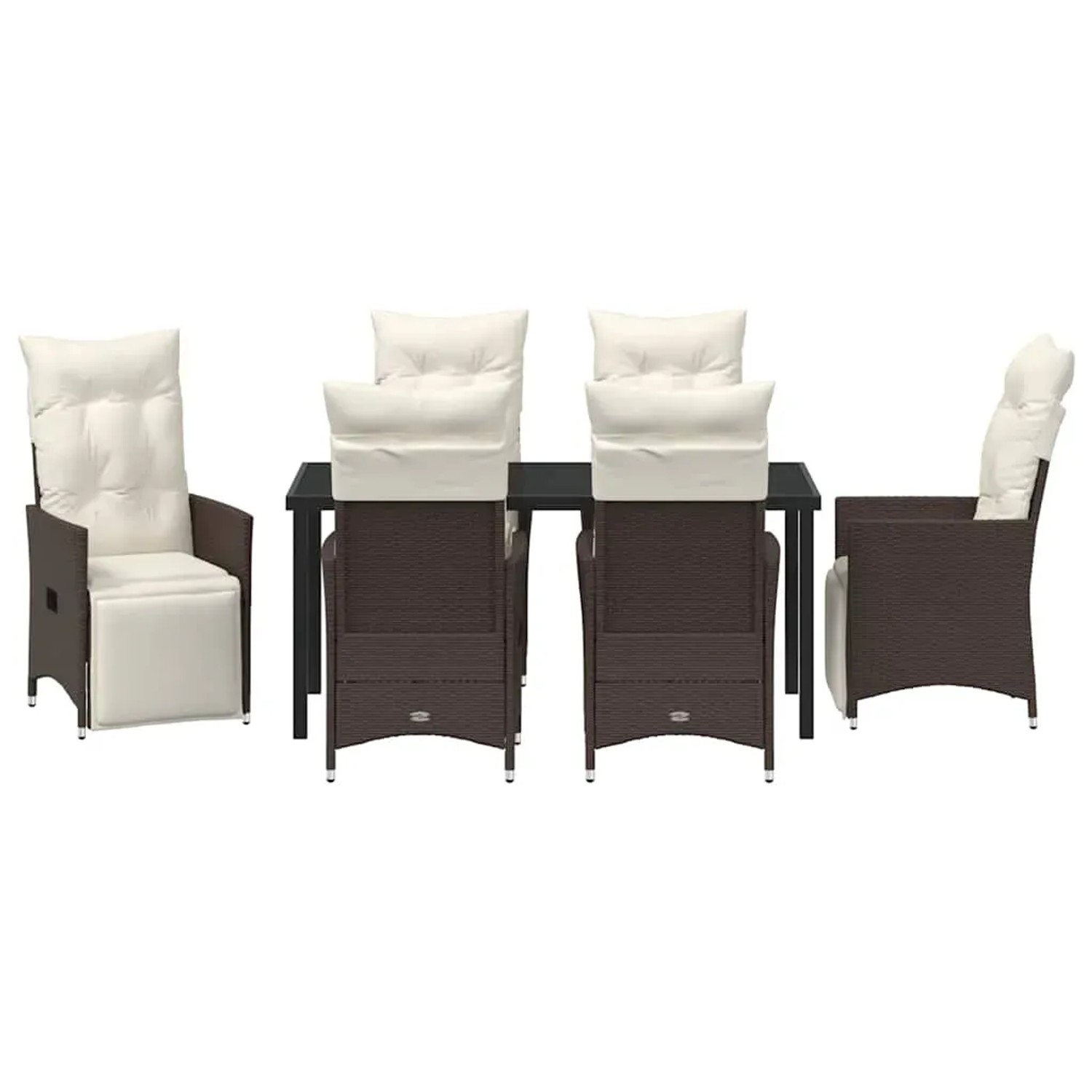 Braune 7-teilige vidaXL Garten Essgruppe aus Poly Rattan mit Tisch und Stühlen mit Kissen.