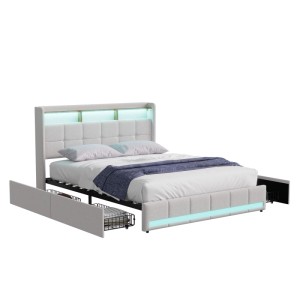 Beiges Polsterbett 160x200 mit LED, Stauraum und Lattenrost. Bett mit Ladefunktion und Schubladen.