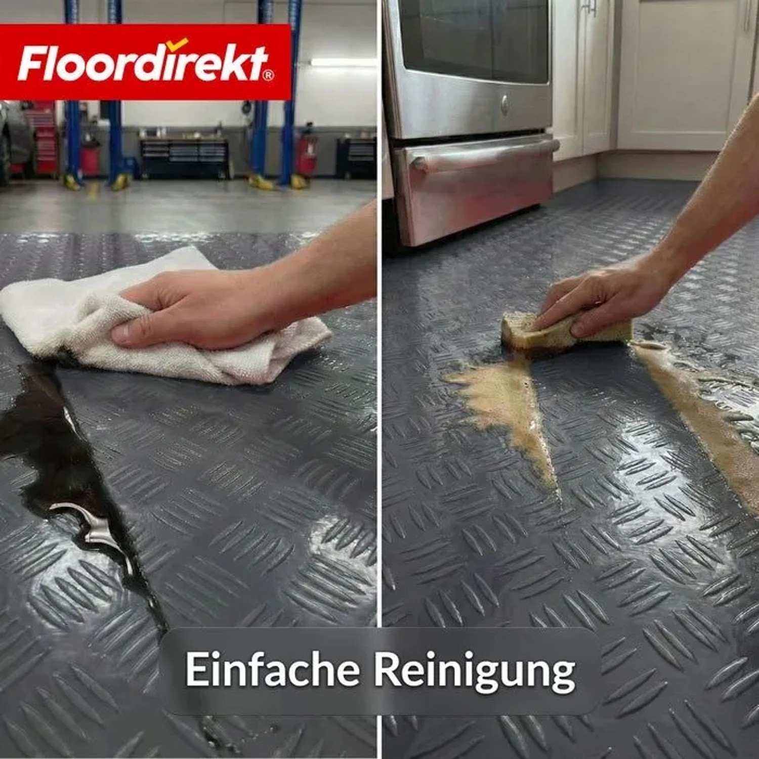 Dunkelgrauer Floordirekt PVC-Bodenbelag Bullet Riffelblech-Optik. Hände reinigen Flüssigkeiten in Werkstatt & Küche. Rutschfest & pflegeleicht.