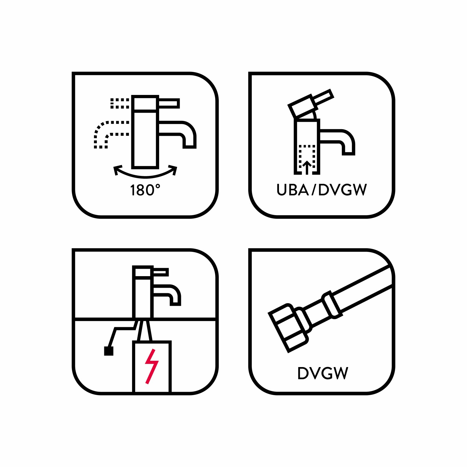 Icons zur baliv Niederdruck-Küchenarmatur: 180° schwenkbar, UBA/DVGW-geprüft, Niederdruckanschluss, DVGW-Schlauch.
