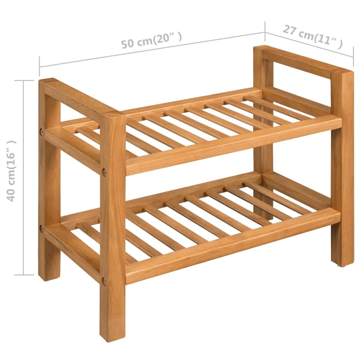 Braunes Schuhregal aus massivem Eichenholz mit 2 Lattenrosten, 50x27x40 cm. Praktischer Schuhständer für den Flur.