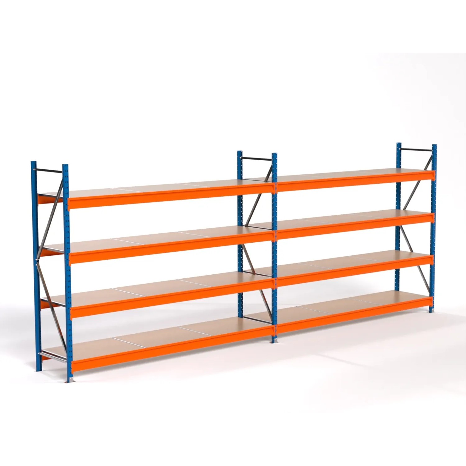 PROREGAL Industrie Weitspannregal Lagerregal MAXIMUS PRO Komplettregal 2 Felder HxBxT 200x500x60cm 4 Spanplatten-Fachboden Fachlast 530kg Blau/Orange